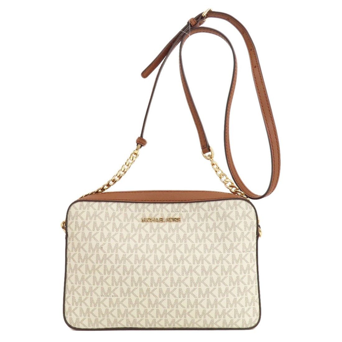 Michael Kors MK Signature Shoulder Bag PVC with Logo Hardware: Michael Kors MK Signature Shoulder Bag PVC with Logo Hardware The Michael Kors MK Signature Shoulder Bag is crafted from PVC in a white and brown color combination, designed as a shoulder bag. Item