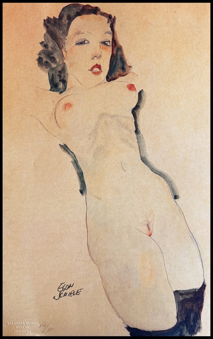 Egon Schiele Signed Lithograph COA Numbered Hand Pencil: Egon Schiele Signed Lithograph COA Numbered Hand Pencil Egon Schiele's signed lithograph 'Nude with Black Stockings', printed in 1978 in an edition of 180, measures 49.5 x 31.5 cm, and carries authent