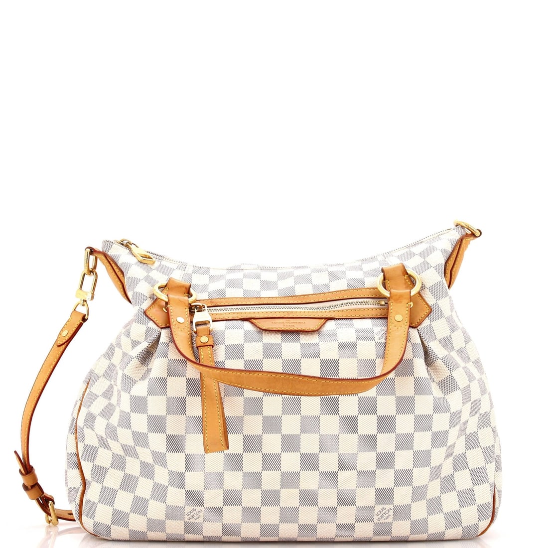 Louis Vuitton Damier GM Evora Handbag: Louis Vuitton Damier GM Evora Handbag Louis Vuitton Damier GM Evora handbag in coated canvas, measuring 15" height, 17" width, and 5" depth, with visible wear including scuffs and stains, and a neutra