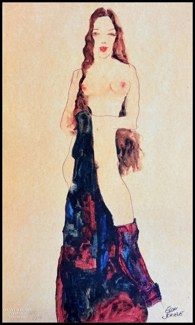 Egon Schiele Lithograph Signed COA Numbered by Hand: Egon Schiele Lithograph Signed COA Numbered by Hand Egon Schiele's lithograph 'Nude with Black Stockings,' printed in 1978 in a limited edition of 180 copies, signed on the plate and certified by Atla