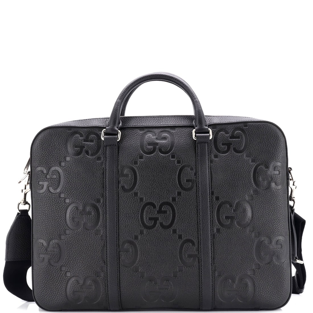 Gucci Jumbo GG Embossed Leather Convertible Briefcase: Gucci Jumbo GG Embossed Leather Convertible Briefcase Gucci Jumbo GG Embossed Leather Convertible Briefcase in black leather with size dimensions of 11.5" height, 15.5" width, and 2.5" depth, in excel