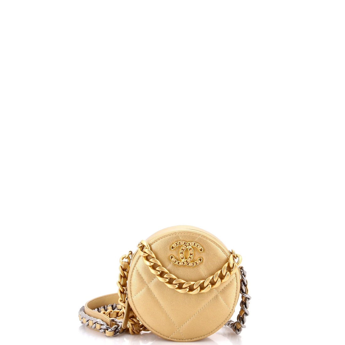 Chanel 19 Quilted Leather Round Clutch with Chain: Chanel 19 Quilted Leather Round Clutch with Chain This Chanel 19 Quilted Leather Round Clutch with Chain in gold features a fabric interior and silver hardware, in very good condition with some scuffs