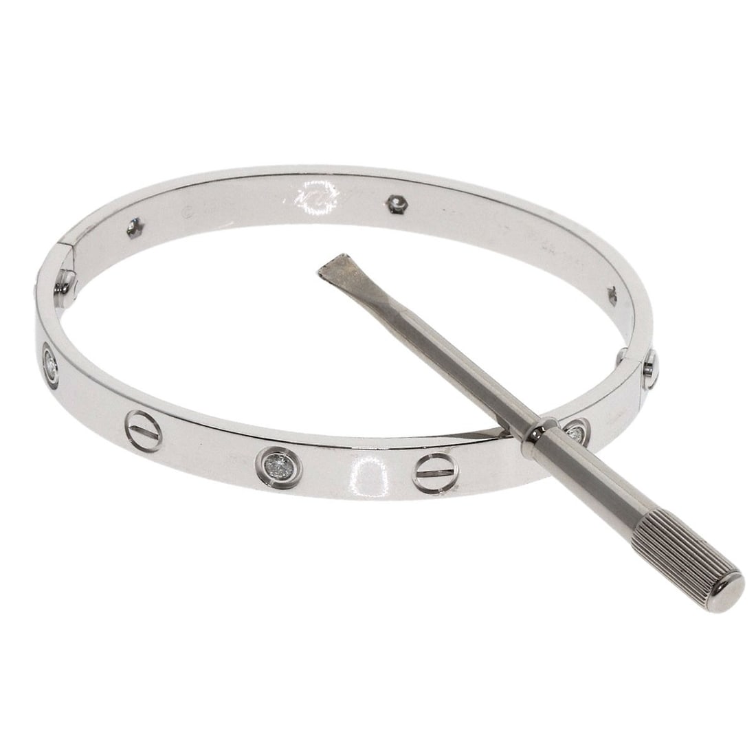 CARTIER LOVE Bracelet K18 White Half Diamond #17: CARTIER LOVE Bracelet K18 White Half Diamond #17 CARTIER LOVE Bracelet made of K18 White Gold with diamonds, known for its silver exterior, made in France. Item Specifics: Brand: CARTIER Style: Bracel