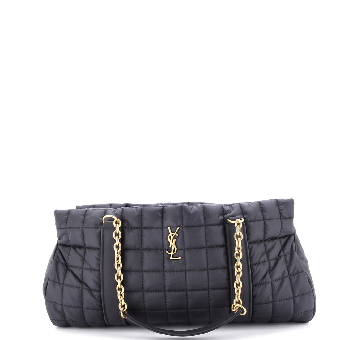 Saint Laurent Gloria Quilted Nylon Duffle Bag: Saint Laurent Gloria Quilted Nylon Duffle Bag The Saint Laurent Gloria Quilted Nylon Duffle Bag is a black nylon bag measuring 9" in height, 18" in width, and 7" in depth, featuring aged gold hardware