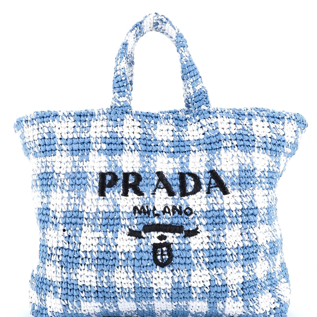 Large Prada Logo Tote Raffia: Large Prada Logo Tote Raffia Large Prada Logo Tote in blue raffia, featuring dimensions of 13" height x 16" width x 5" depth and a handle drop of 5.5". Condition is excellent with signs of fraying. It