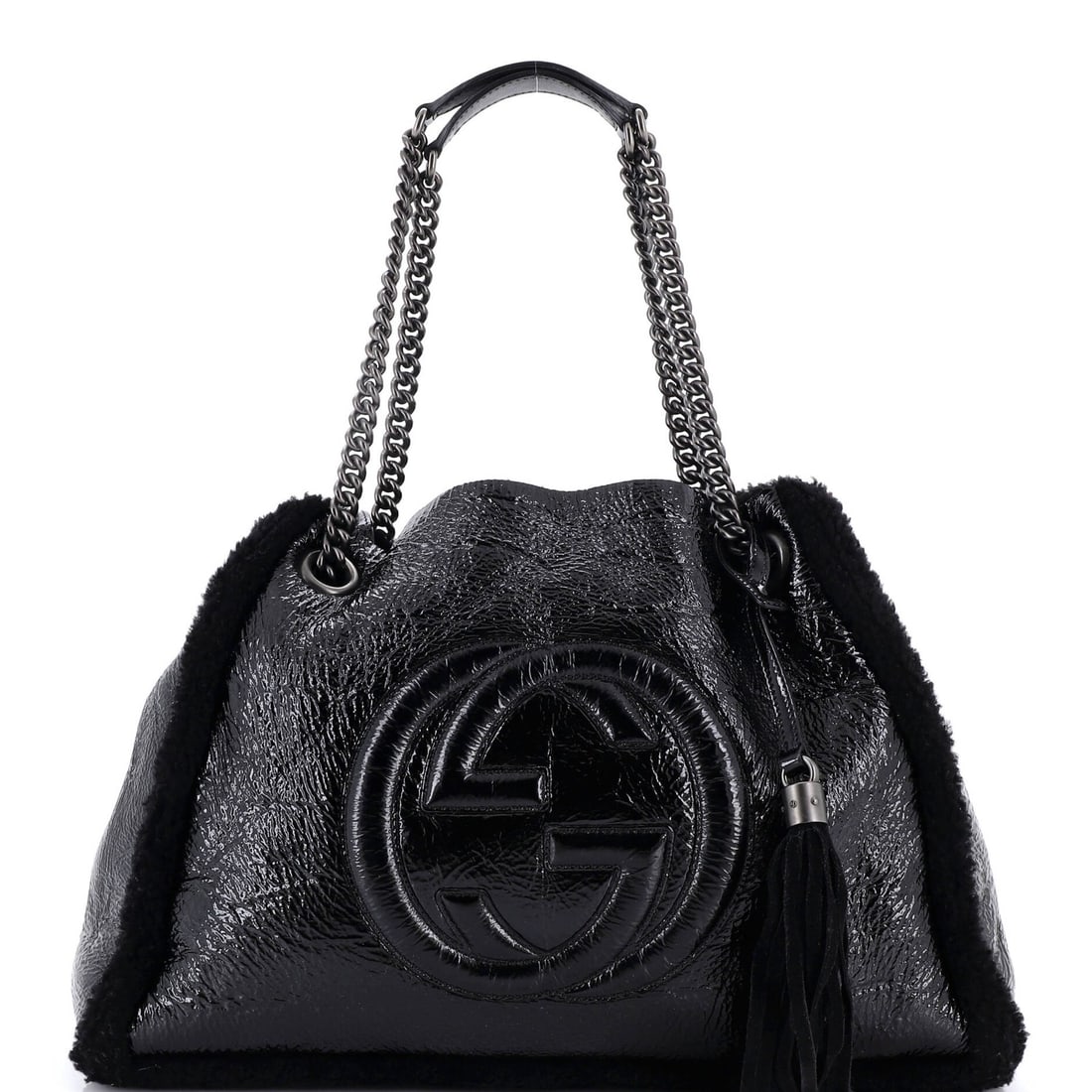 Gucci Medium Soho Chain Strap Shoulder Bag in Patent and Shearling: Gucci Medium Soho Chain Strap Shoulder Bag in Patent and Shearling Gucci Medium Soho Chain Strap Shoulder Bag crafted from patent leather and shearling in black, featuring a tassel pochette and gunmet