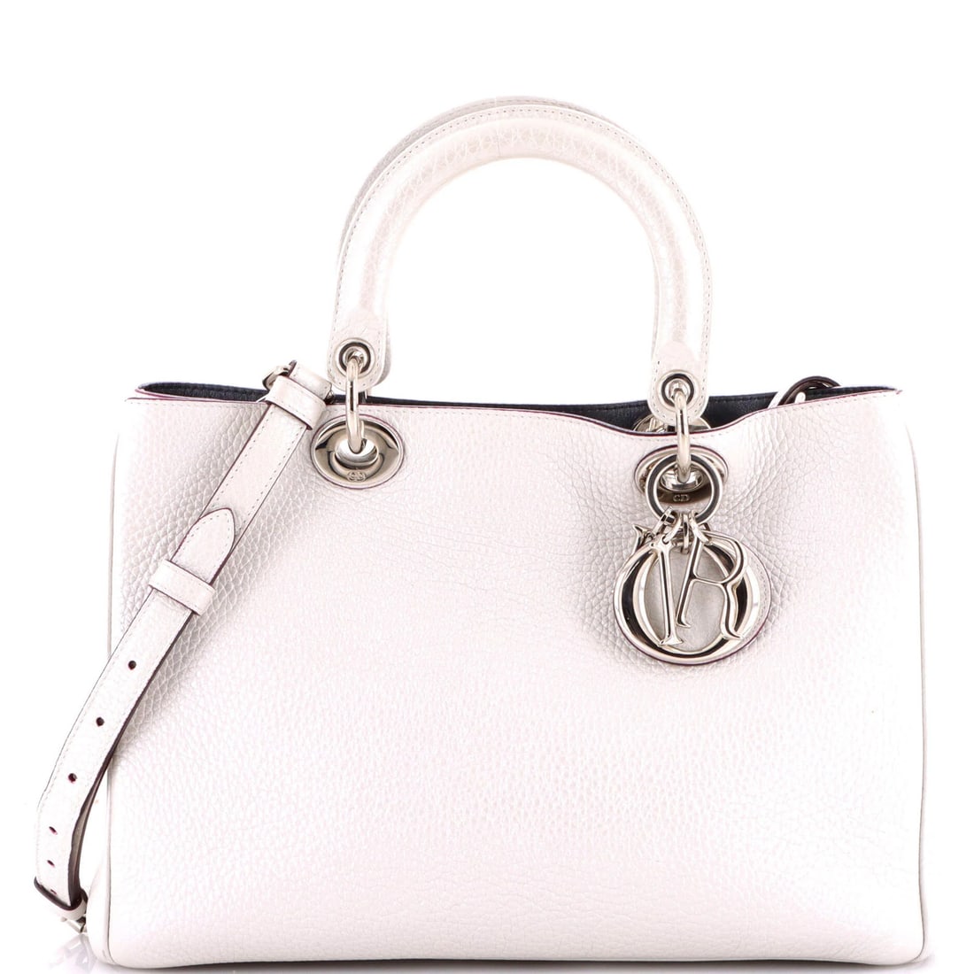 Diorissimo Tote Medium Pebbled Leather by Christian Dior: Diorissimo Tote Medium Pebbled Leather by Christian Dior Christian Dior Diorissimo medium tote crafted from pebbled leather in white, sized at 9" height, 13" width, and 5" depth, in very good