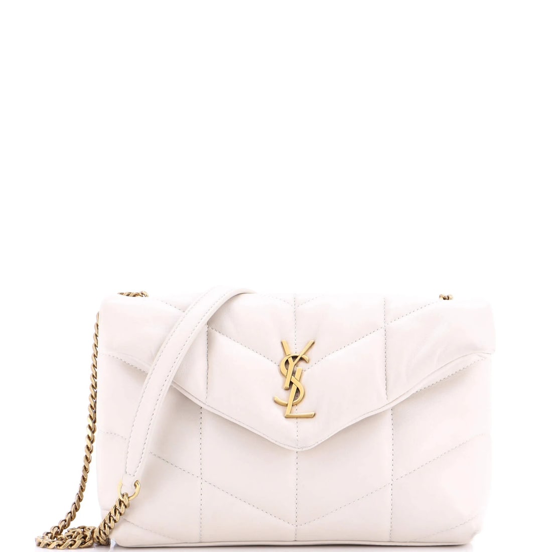 Saint Laurent Mini Loulou Puffer Shoulder Bag Quilted Canvas: Saint Laurent Mini Loulou Puffer Shoulder Bag Quilted Canvas The Saint Laurent Mini Loulou Puffer shoulder bag, crafted from quilted canvas in neutral colors, measures 6.5" x 8.5" x 2.5", and is in