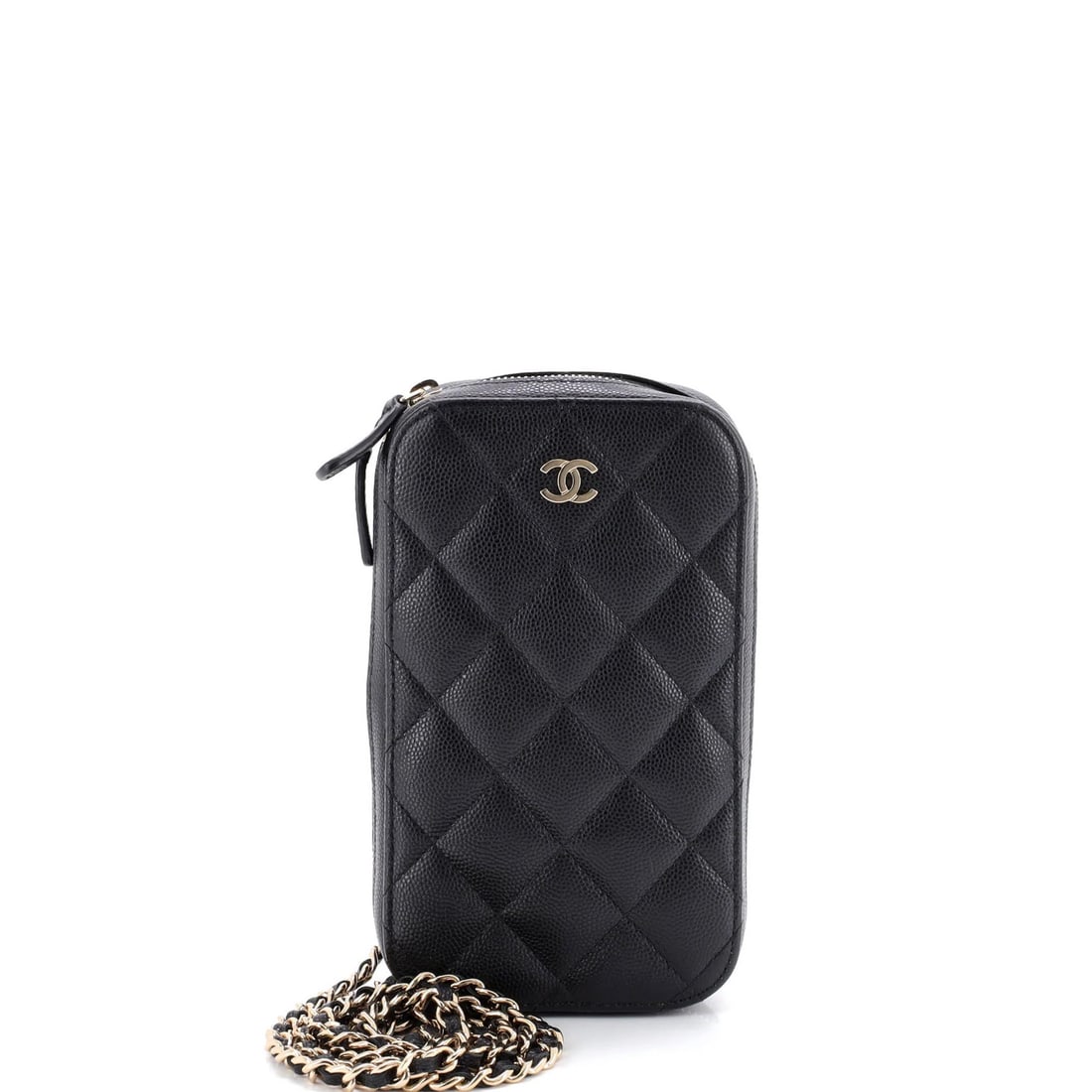 Chanel Quilted Caviar Zip Around Phone Case with Chain: Chanel Quilted Caviar Zip Around Phone Case with Chain Chanel's quilted caviar zip-around phone case features a black leather exterior, measures 7" x 4" x 1.5", and includes a chain strap, showing