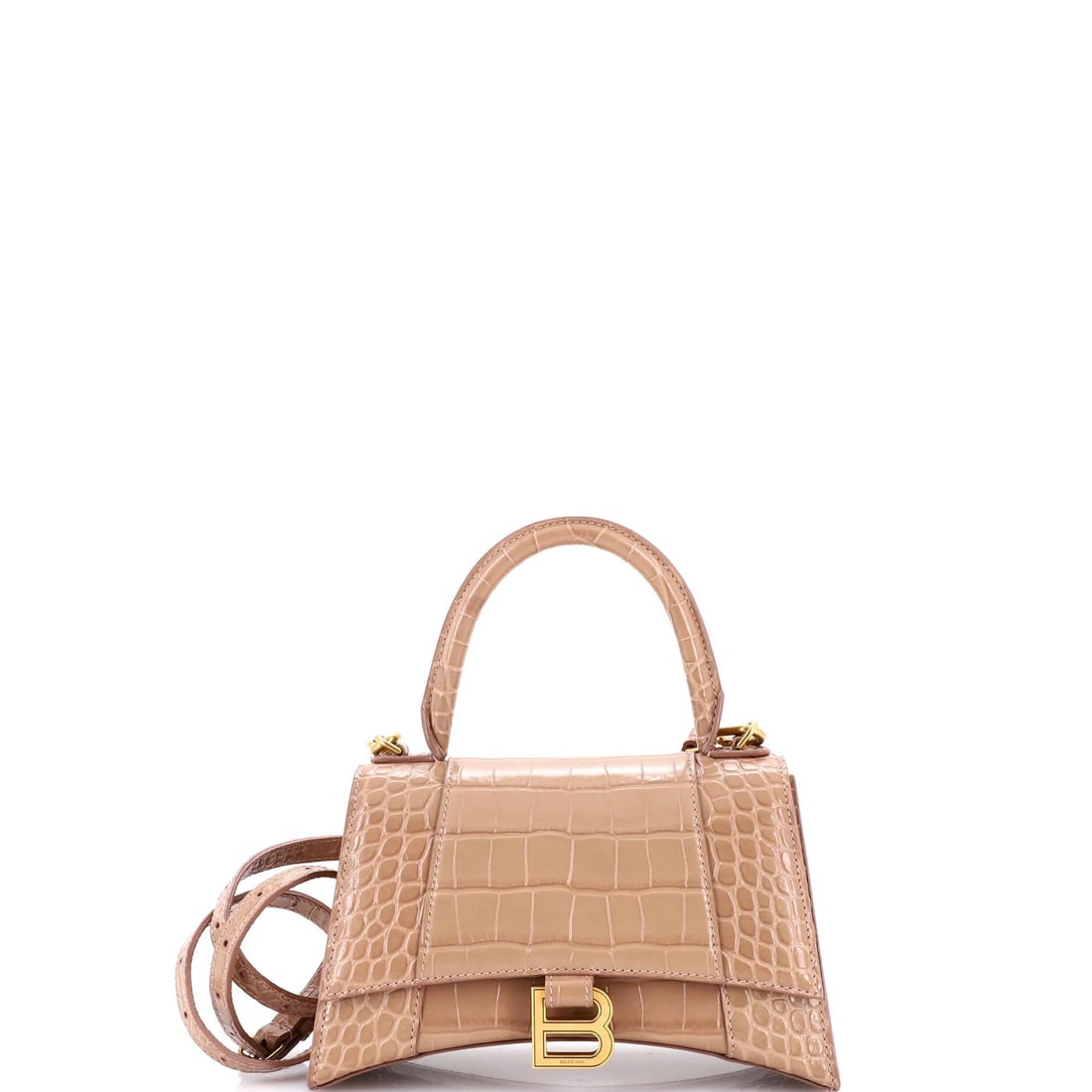 Balenciaga Small Hourglass Top Handle Bag Crocodile Embossed Leather: Balenciaga Small Hourglass Top Handle Bag Crocodile Embossed Leather Balenciaga Small Hourglass Top Handle Bag is crafted from crocodile embossed leather in a neutral tone, measuring 6" height, 9" wid