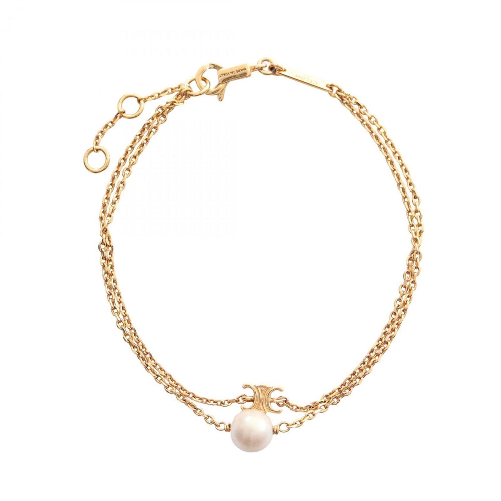 Celine Charm Bracelet, Gold Plating, Artificial Pearl: Celine Charm Bracelet, Gold Plating, Artificial Pearl Celine charm bracelet with artificial pearl and gold plating, measuring 17 cm in length, showing very good condition with minor traces of usage. I