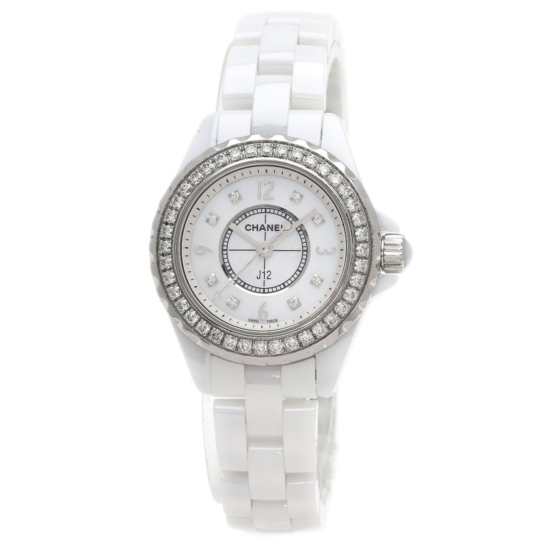 Ceramic CHANEL J12 1.1" 8P Diamond White Ceramic Watches H2572 Ceramic/: Ceramic CHANEL J12 1.1" 8P Diamond White Ceramic Watches H2572 Ceramic/ CHANEL J12 wristwatch made of white ceramic with an analog display and quartz movement, designed for a wrist size of 6.30