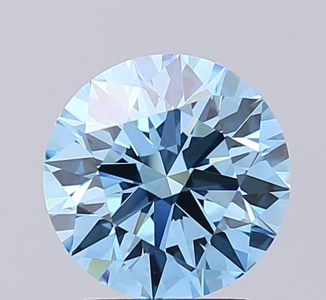 Loose Lab Diamond IGI Round 2.06ct Fancy Vivid Blue VVS2 Ideal: Loose Lab Diamond IGI Round 2.06ct Fancy Vivid Blue VVS2 Ideal Loose lab-grown diamond, Round cut, weighing 2.06 ct, Fancy Vivid Blue color, VVS2 clarity, and IGI certified. Dimensions are 8.18L x