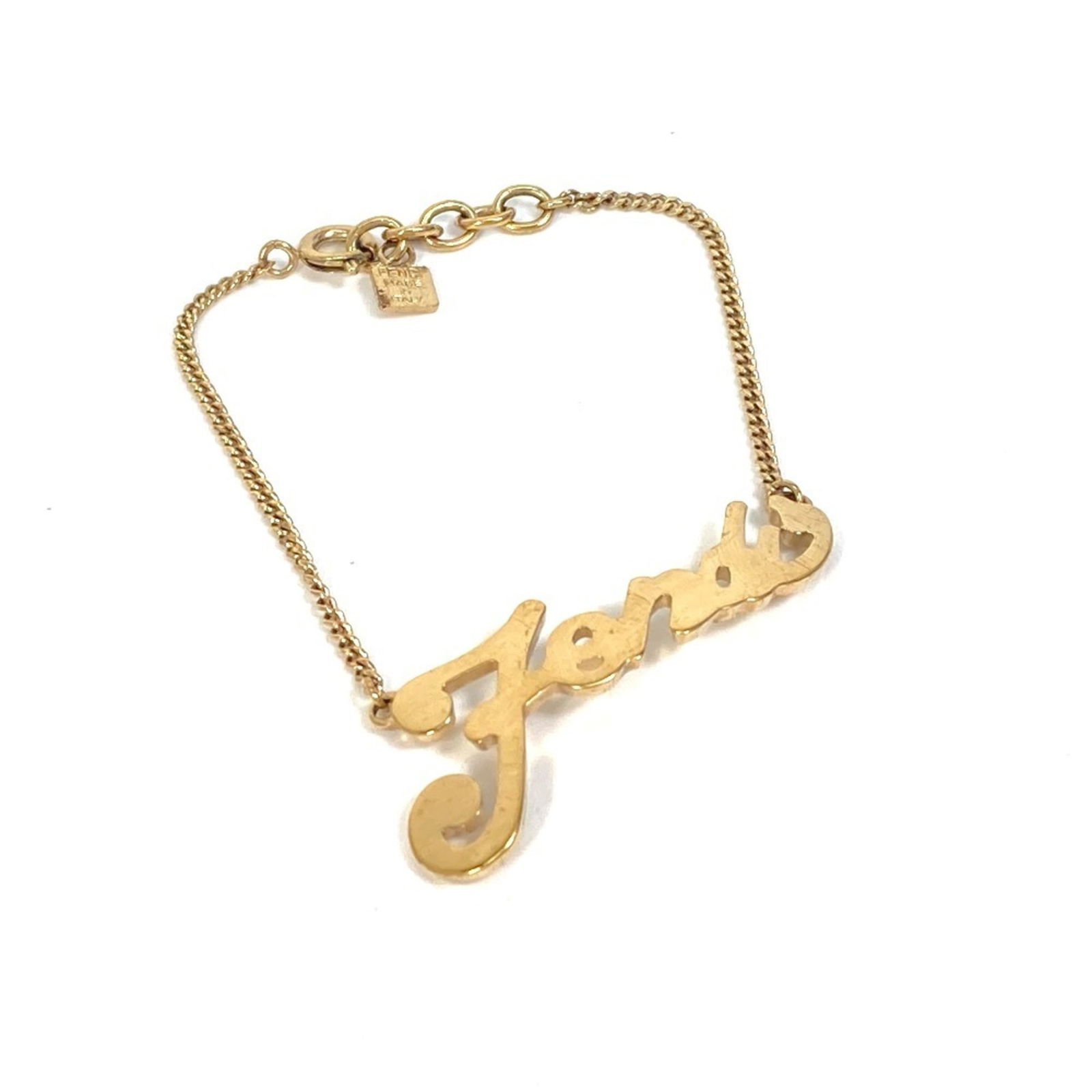 Fendi Metal Charm Bracelet: Fendi Metal Charm Bracelet Fendi charm bracelet for women made of gold metal, measuring 16.5cm (6.49 inches) in length. Condition is used (acceptable) with visible scratches and dirt but generally in