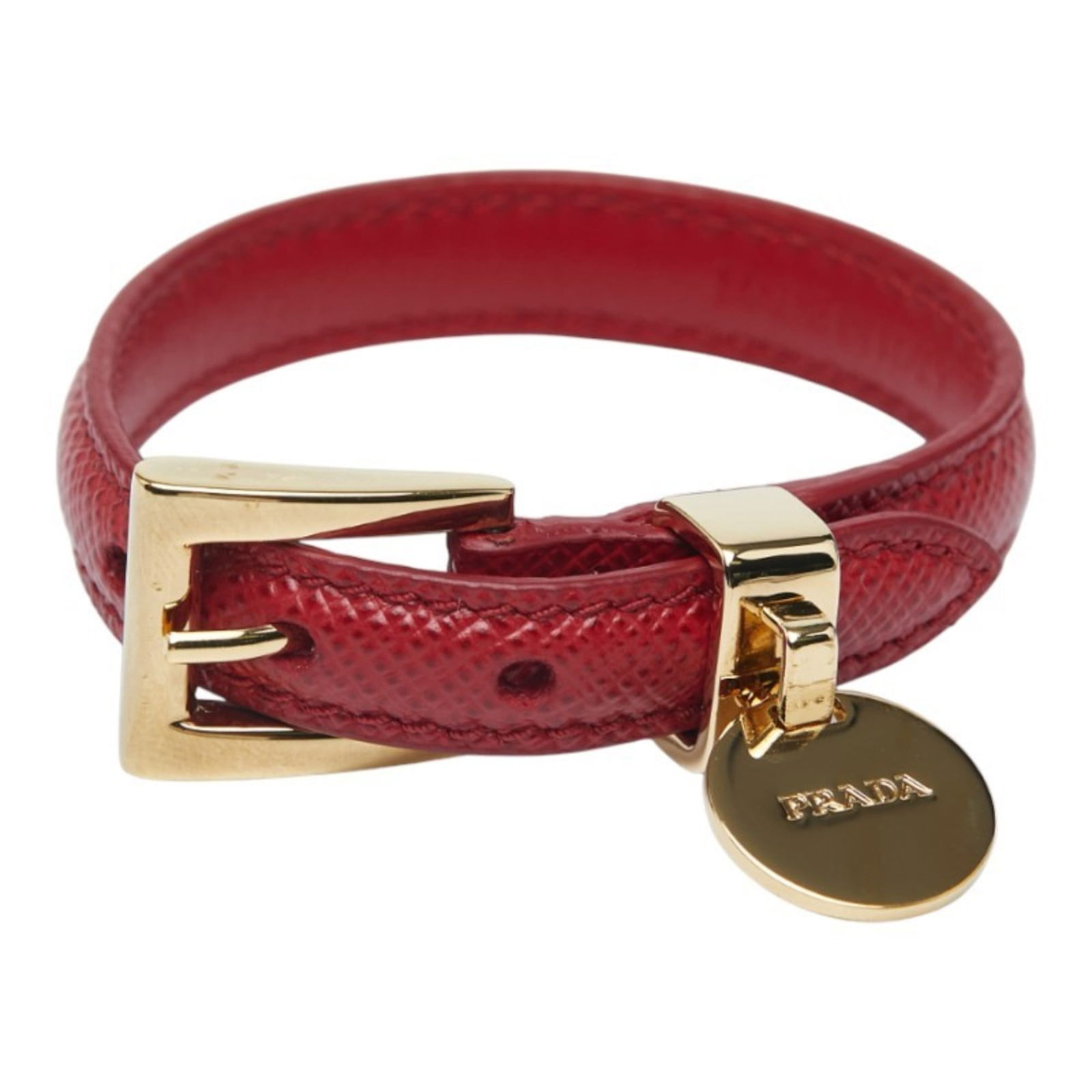 Prada Leather Charm Bracelet: Prada Leather Charm Bracelet Prada charm bracelet made of leather, in gold and red colors, measuring 15.5cm in length (6.1in) and 1cm in width (0.39in), in very good used condition. Item Specifics: Br