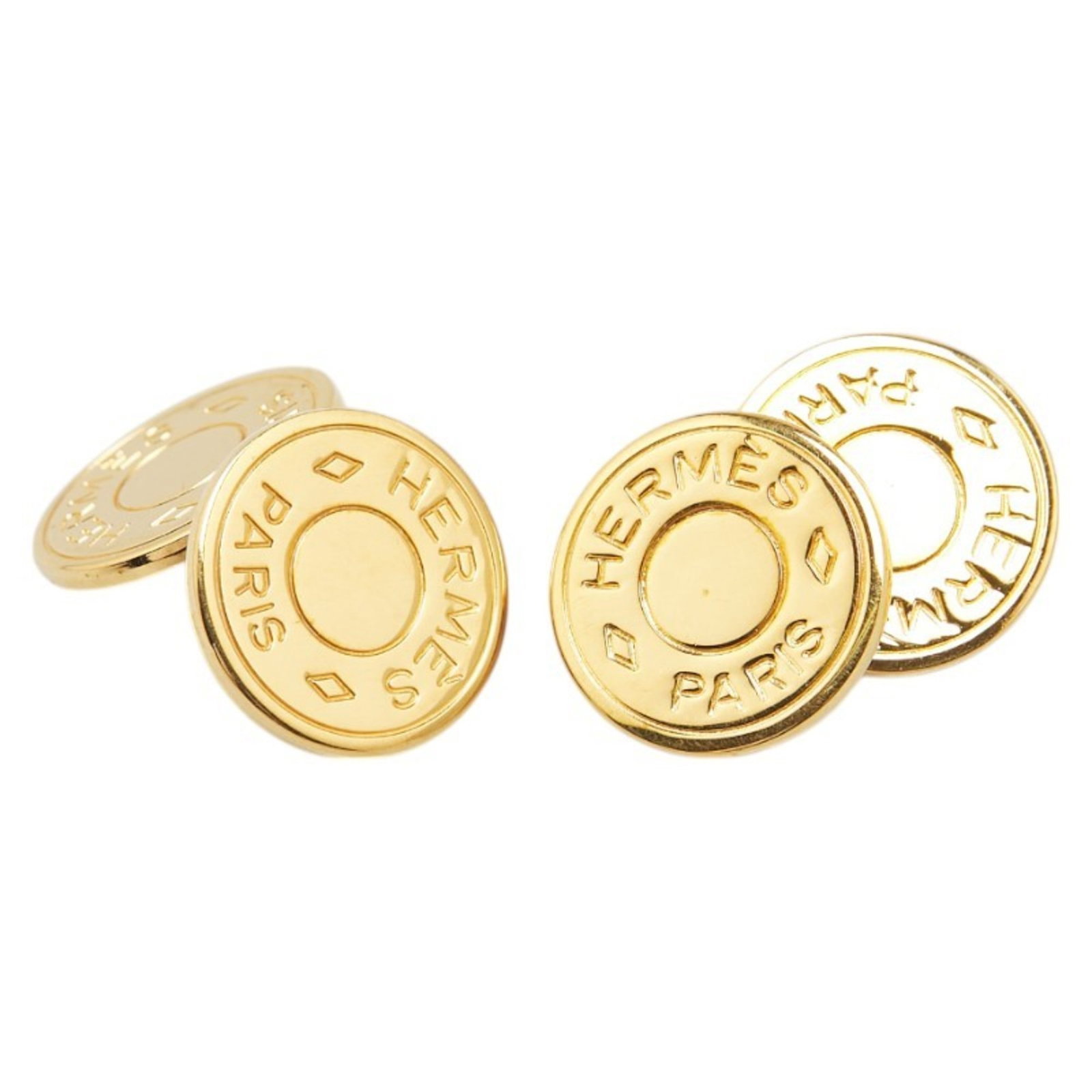 Gold Plating Hermes Cufflinks: Gold Plating Hermes Cufflinks These used Hermes cufflinks for men are made of gold plating and measure 14.20mm x 14.20mm (0.56'' x 0.56''). They are in good condition with visible traces of usage. Ite