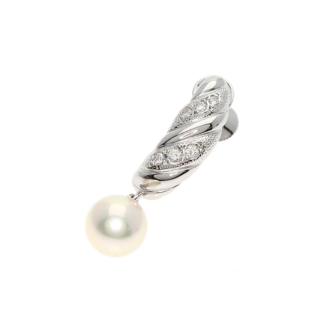 MIKIMOTO K18 White Gold Pearl Diamond Earring One Piece: MIKIMOTO K18 White Gold Pearl Diamond Earring One Piece MIKIMOTO's earring features a K18 White Gold setting and a pearl as the main stone, with a silver exterior color. It is a single piece earring o