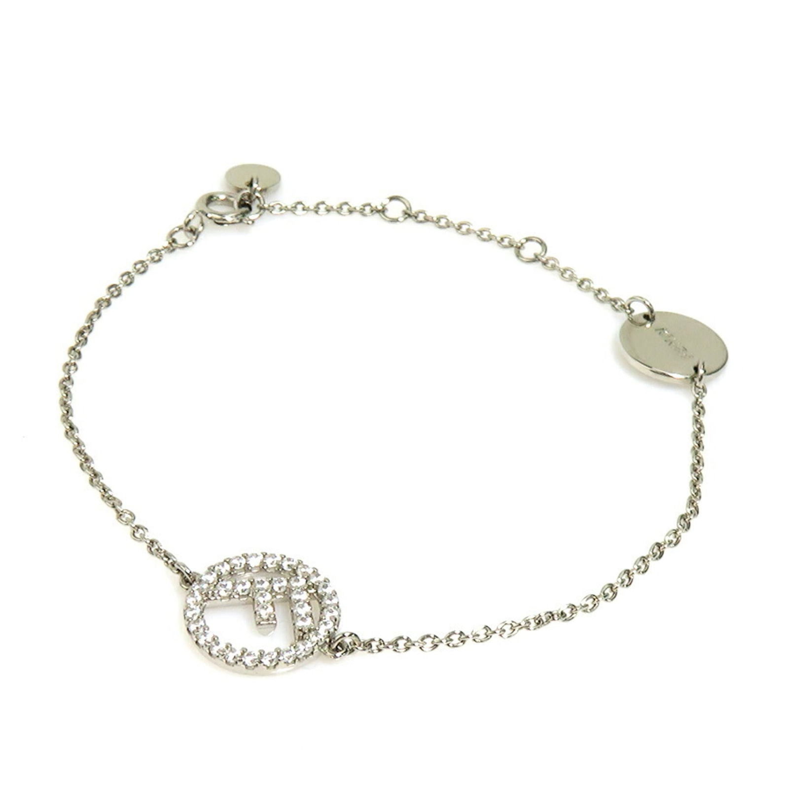 Fendi Metal Charm Bracelet: Fendi Metal Charm Bracelet Fendi Metal Charm Bracelet for women, made from metal and featuring rhinestones, measuring 20.8cm in total length; used condition with good overall wear including traces of