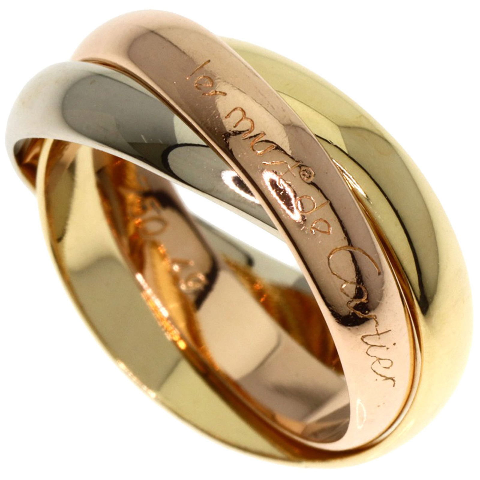 Cartier Band Ring in Pink Gold (18K), White Gold (18K), Yellow Gold (18K): Cartier Band Ring in Pink Gold (18K), White Gold (18K), Yellow Gold (18K) Cartier band ring made from 18K pink, white, and yellow gold, suitable for women, in US size 5, and in very good used conditio