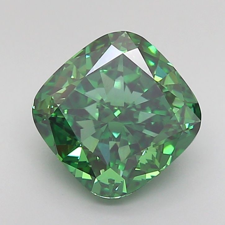 Loose Lab Diamond IGI Cushion Modified 2.61ct Fancy Vivid Green VS2: Loose Lab Diamond IGI Cushion Modified 2.61ct Fancy Vivid Green VS2 Loose lab-grown diamond weighing 2.61ct with a cushion modified cut, fancy vivid green color, clarity VS2, and certified by IGI.
