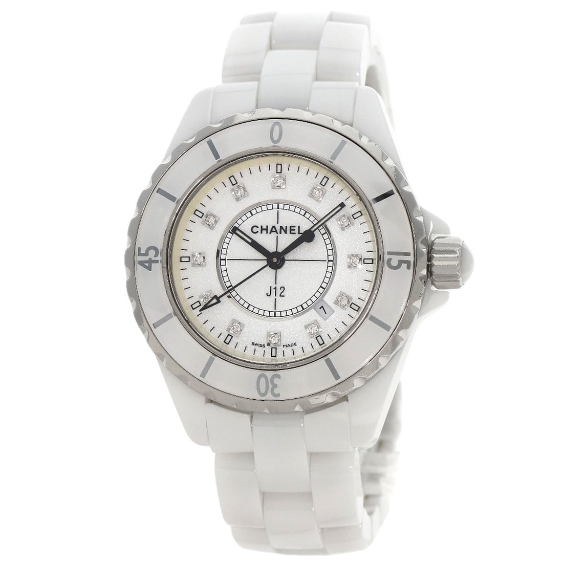 Ceramic CHANEL J12 1.3" 12P Diamond Watches H1628 Ceramic/: Ceramic CHANEL J12 1.3" 12P Diamond Watches H1628 Ceramic/ This CHANEL J12 watch features a 1.3" analog display made from white ceramic, powered by a quartz movement, and is designed for a wrist size