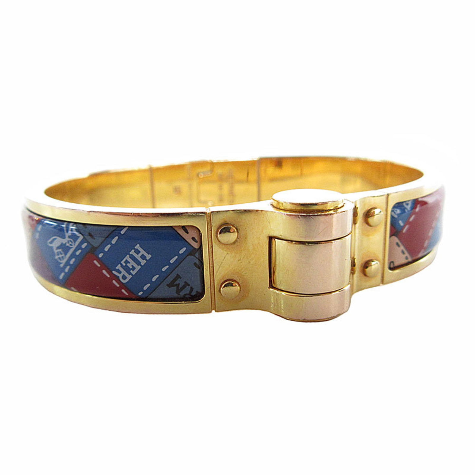 Enamel Metal Bangle by Hermes: Enamel Metal Bangle by Hermes Hermes Enamel Metal Bangle for women, gold and multi-color, measuring 16.5cm in length. It is in used (good) condition with traces of usage and scratches. Item Specifics: