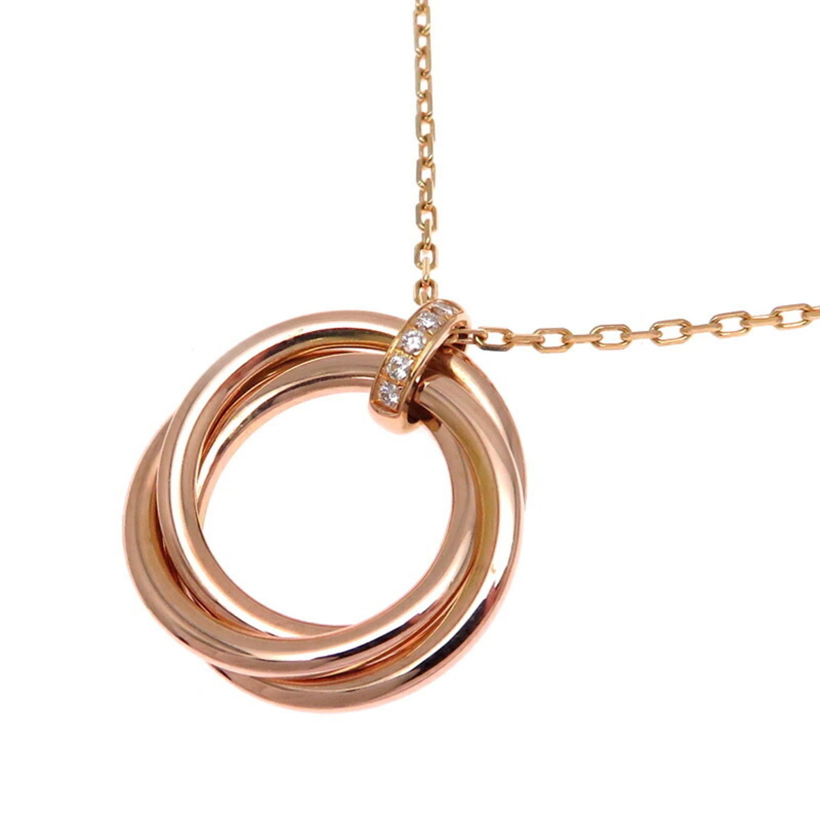 Cartier 18K Pink Gold: Cartier 18K Pink Gold Cartier 18K pink gold necklace for women features a diamond pendant, measuring 20mm x 19mm, with a neck circumference of 42.5 cm; it is in very good used condition, with minor
