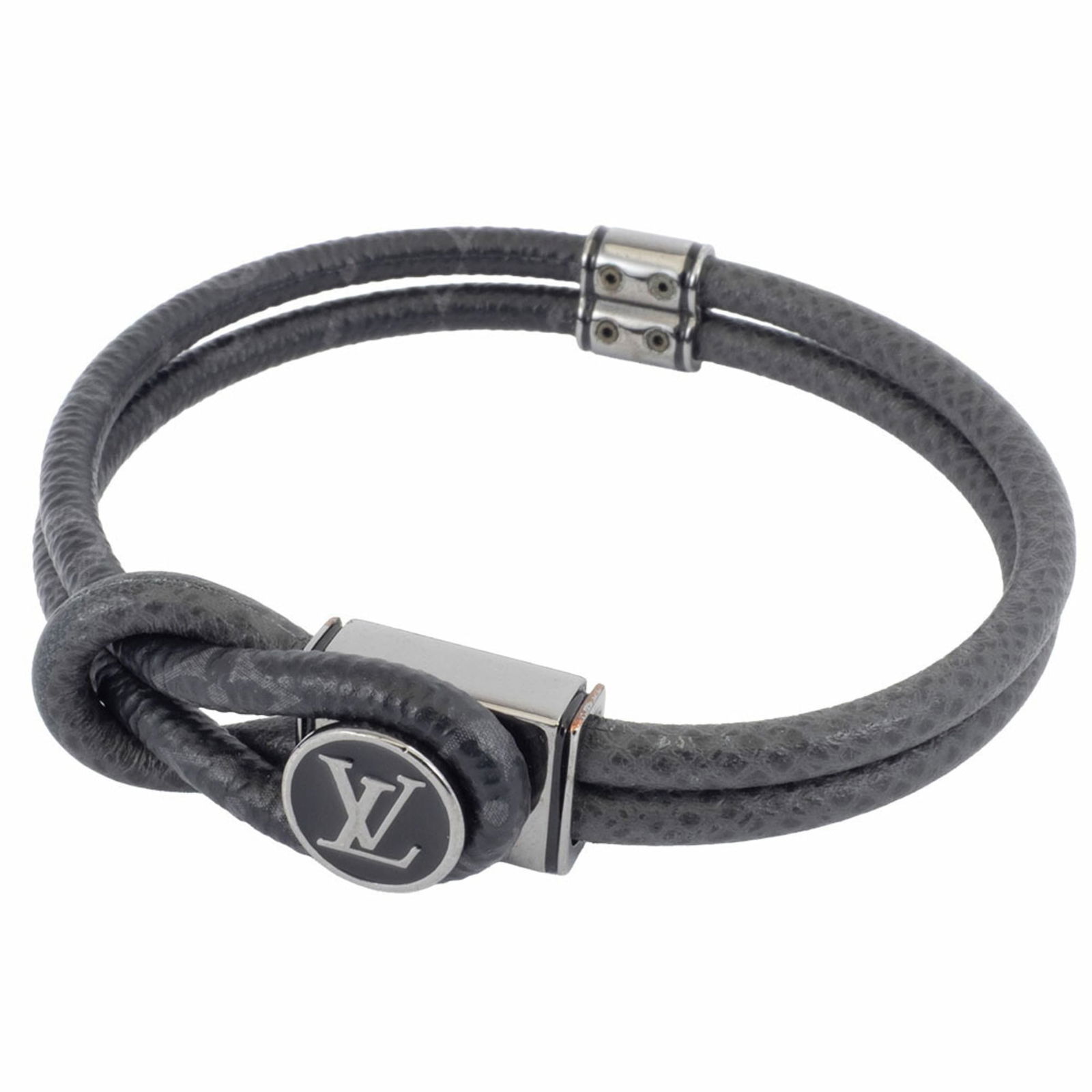Monogram Canvas Louis Vuitton Charm Bracelet: Monogram Canvas Louis Vuitton Charm Bracelet Louis Vuitton charm bracelet made of monogram canvas, featuring a black and gray color scheme; used condition with good overall appearance despite visible