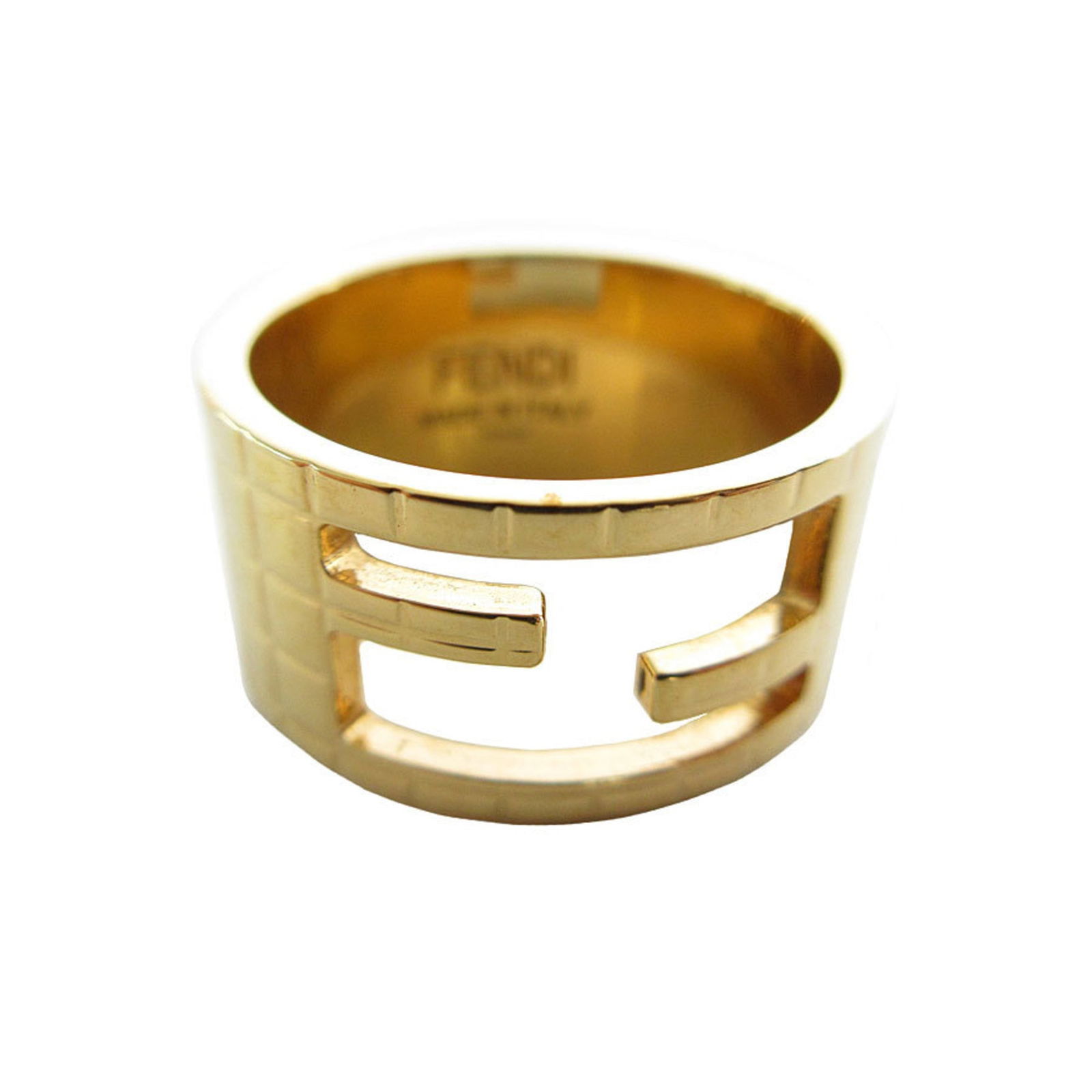 Metal Fendi Band Ring: Metal Fendi Band Ring Fendi metal band ring for women, gold in color, size 7, showing good condition with traces of usage and scratches. Item Specifics: Brand: Fendi Type: Band Ring Gender: Women Colo