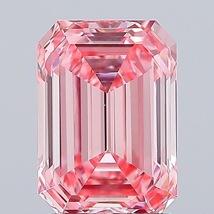 Loose Lab Diamond IGI Emerald 2.58ct Fancy Vivid Pink VS1: Loose Lab Diamond IGI Emerald 2.58ct Fancy Vivid Pink VS1 Loose lab diamond weighing 2.58ct, emerald cut in fancy vivid pink color, VS1 clarity, and certified by IGI, with measurements of 9.46mm x 6.6