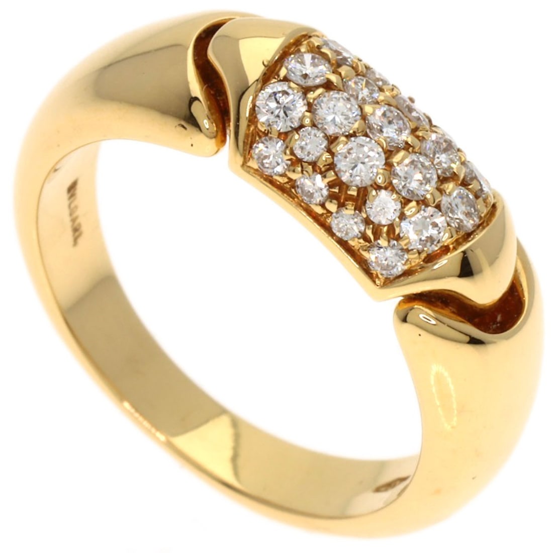 BVLGARI Chertaura Diamond Ring in K18 Yellow Gold: BVLGARI Chertaura Diamond Ring in K18 Yellow Gold The BVLGARI Chertaura Diamond Ring is made of K18 yellow gold and weighs 5.25 (US) in size, featuring a diamond as the main stone. This ring