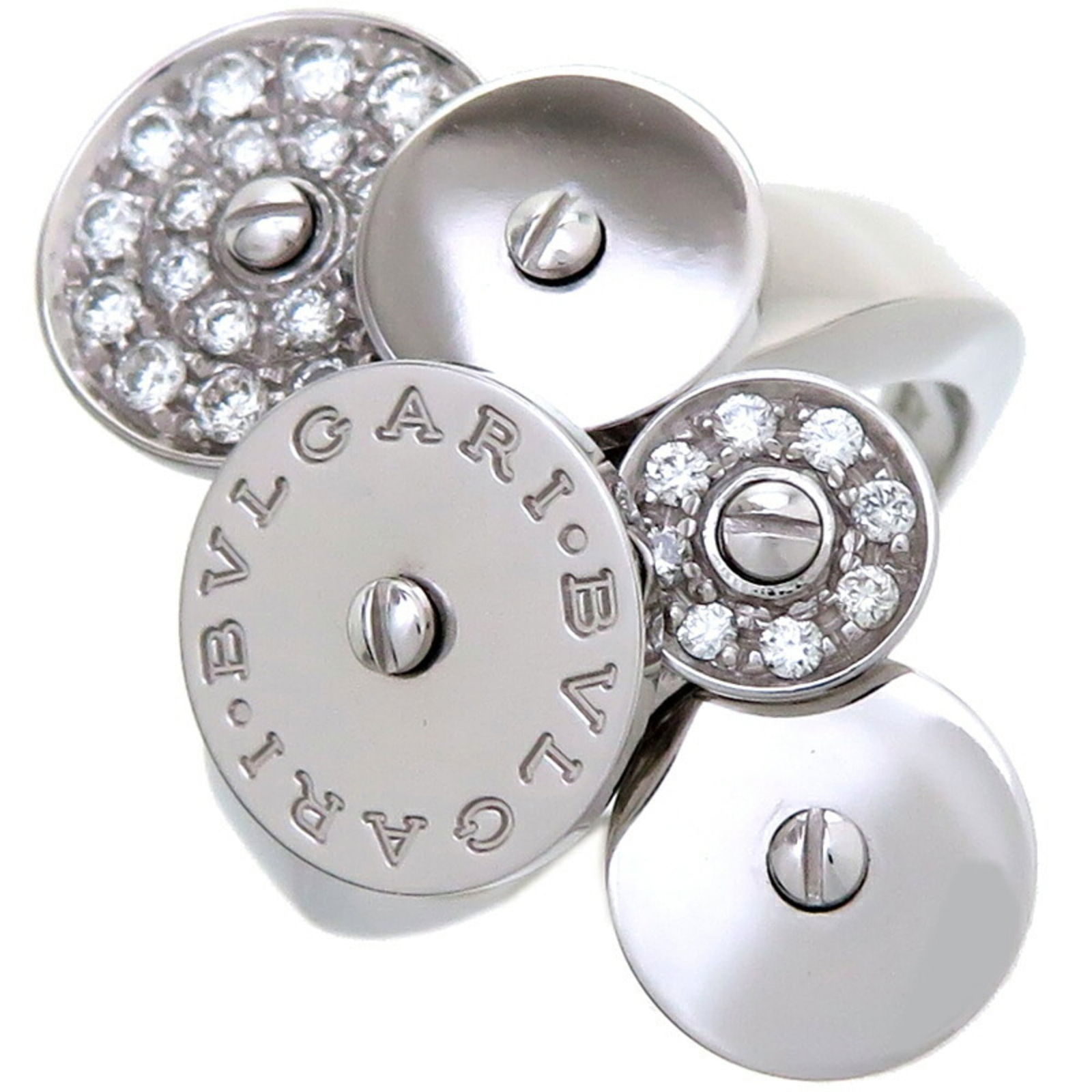 Bvlgari 18K White Gold Band Ring: Bvlgari 18K White Gold Band Ring Bvlgari 18K White Gold Band Ring for women features a diamond, US size 5, and is in very good used condition with minor traces of usage. Item Specifics: Brand: