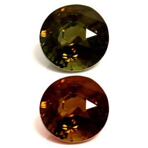 Loose Alexandrite Gemstone GIA Round 1.68ct Green EC: Loose Alexandrite Gemstone GIA Round 1.68ct Green EC Loose Alexandrite gemstone weighing 1.68ct with a round faceted cut, exhibiting a color range from yellowish green to brownish purple and clarity
