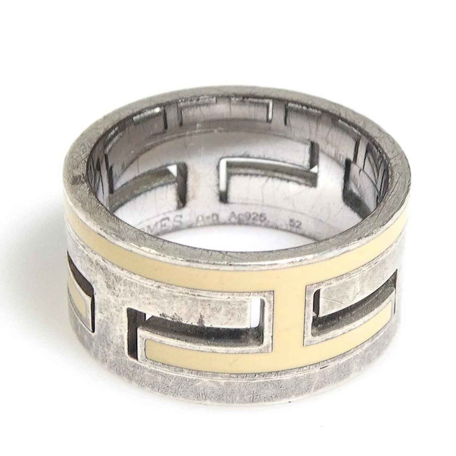 Hermes Silver 925 Band Ring with Enamel: Hermes Silver 925 Band Ring with Enamel A Hermes silver 925 band ring for women in cream color and enamel, size 6, showing signs of wear but generally in good condition. Item Specifics: Brand: