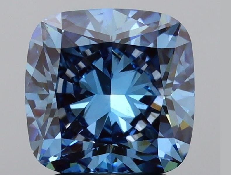 Loose Lab Diamond IGI Cushion Brilliant 2.54ct Fancy Vivid Blue VS1: Loose Lab Diamond IGI Cushion Brilliant 2.54ct Fancy Vivid Blue VS1 Loose lab-grown diamond, IGI certified, at 2.54ct, with a Fancy Vivid Blue color and VS1 clarity, exhibiting excellent polish and sy