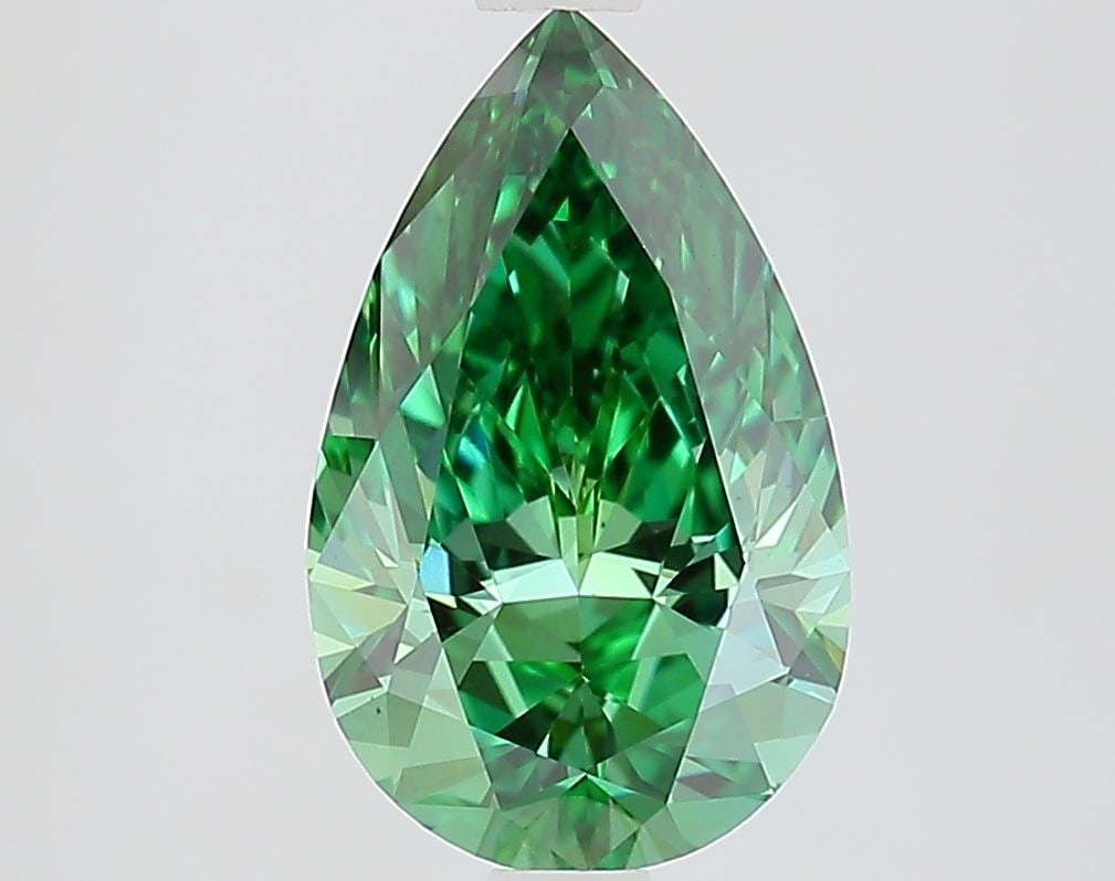 Loose Lab Diamond IGI Pear 2.01ct Fancy Vivid Green VS1: Loose Lab Diamond IGI Pear 2.01ct Fancy Vivid Green VS1 Loose Lab Diamond IGI Pear weighing 2.01ct, color Fancy Vivid Green, and clarity VS1, featuring excellent polish and symmetry, certified by IGI.