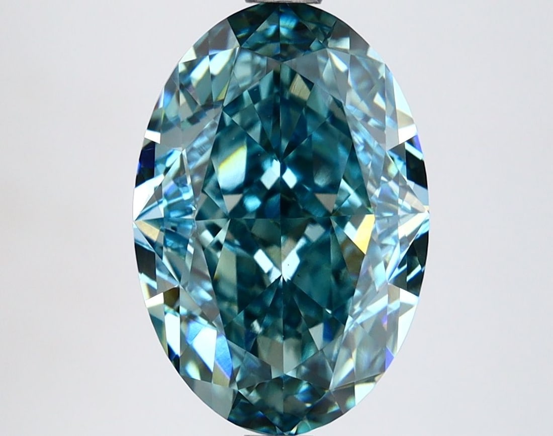 Loose Lab Diamond IGI Oval 4.13ct Fancy Vivid Green Blue VS1: Loose Lab Diamond IGI Oval 4.13ct Fancy Vivid Green Blue VS1 This 4.13ct Loose Lab Diamond, certified by IGI, features an oval cut with a Fancy Vivid Green Blue color and VS1 clarity, exhibiting excel