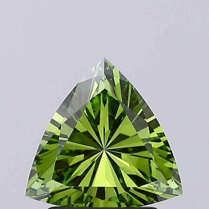 Loose Lab Diamond IGI Triangular 1.3ct Fancy Vivid Green VS2: Loose Lab Diamond IGI Triangular 1.3ct Fancy Vivid Green VS2 Loose lab-grown diamond weighing 1.3ct with a triangular cut, color Fancy Vivid Green, and clarity VS2. Certified by IGI, it features excel