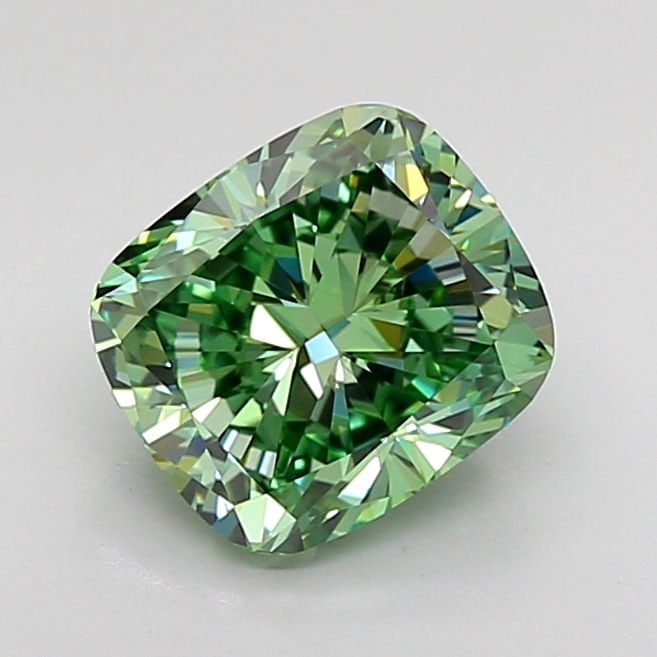 Loose Lab Diamond 1.68ct Fancy Vivid Green VVS1 IGI Cushion Modified: Loose Lab Diamond 1.68ct Fancy Vivid Green VVS1 IGI Cushion Modified Loose Lab Diamond weighing 1.68ct, with a Fancy Vivid Green color, VVS1 clarity, excellent polish and symmetry, certified by IGI, m