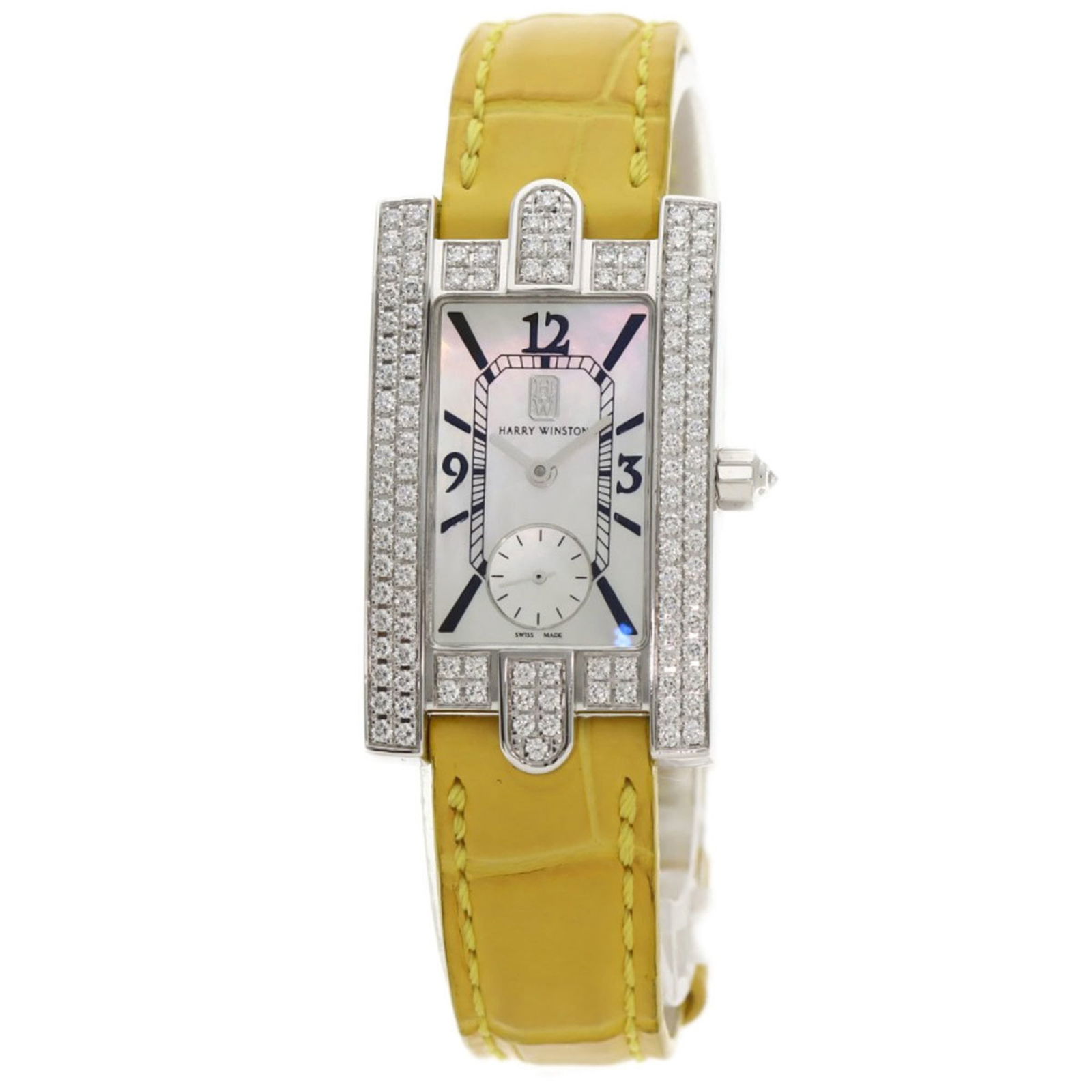 Wristwatch Harry Winston: Wristwatch Harry Winston Harry Winston wristwatch for women, featuring an 18K white gold case and a leather band, with a white dial, 21mm case diameter, and in very good used condition. Item Specifics