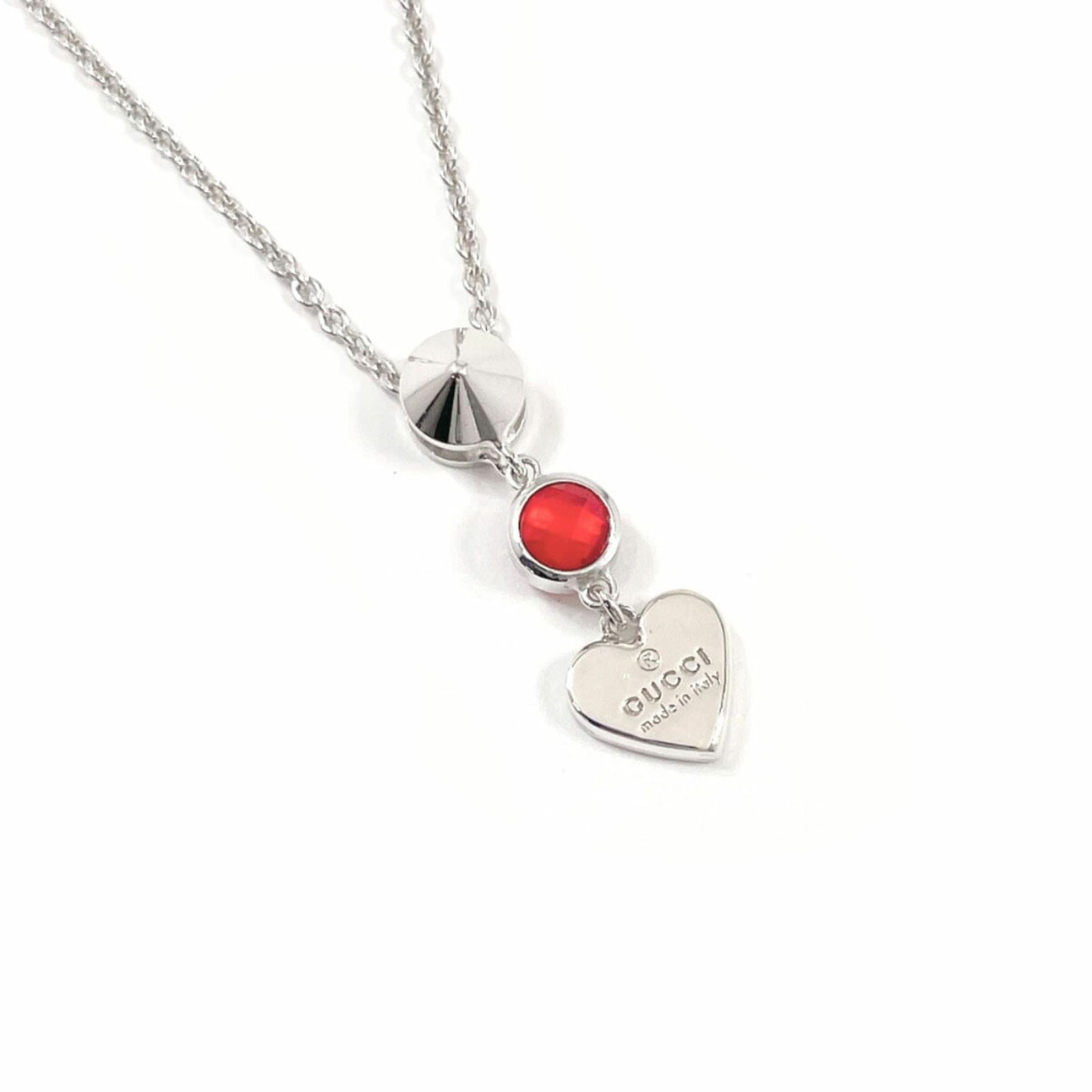 GUCCI Heart Necklace in Silver 925 with Stones for Women: GUCCI Heart Necklace in Silver 925 with Stones for Women GUCCI Heart Necklace in Silver 925 for women, 41.5cm neck circumference, pendant size 24.5mm x 8.3mm, in very good used condition. Item Specifi