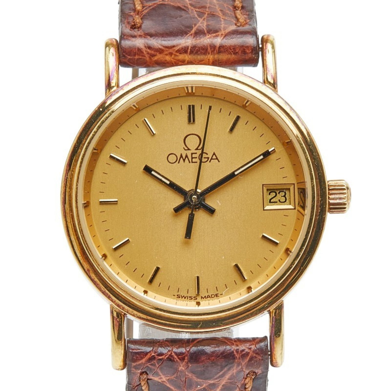 Wristwatch Omega: Wristwatch Omega Omega women's analog wristwatch in stainless steel with a leather band, featuring a gold dial and a case diameter of 22.5mm, in good condition. Item Specifics: Brand: Omega Type: Wris