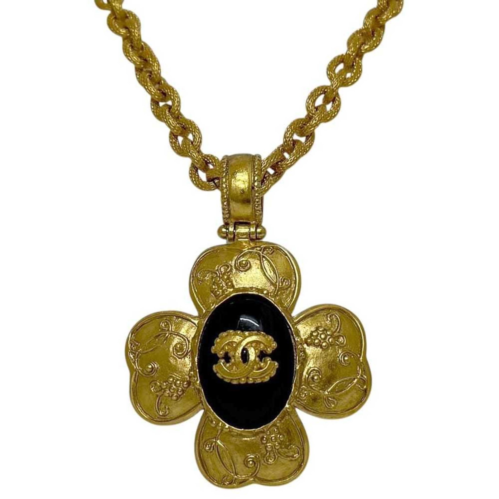 Chanel Gold Black Necklace ec-24724 Coco Mark GP 06 A Clover Long with Stone Chain, Women's: Chanel Gold Black Necklace ec-24724 Coco Mark GP 06 A Clover Long with Stone Chain, Women's Chanel women's necklace in gold plating with black accents, featuring a clover design pendant sized 46.2mm x