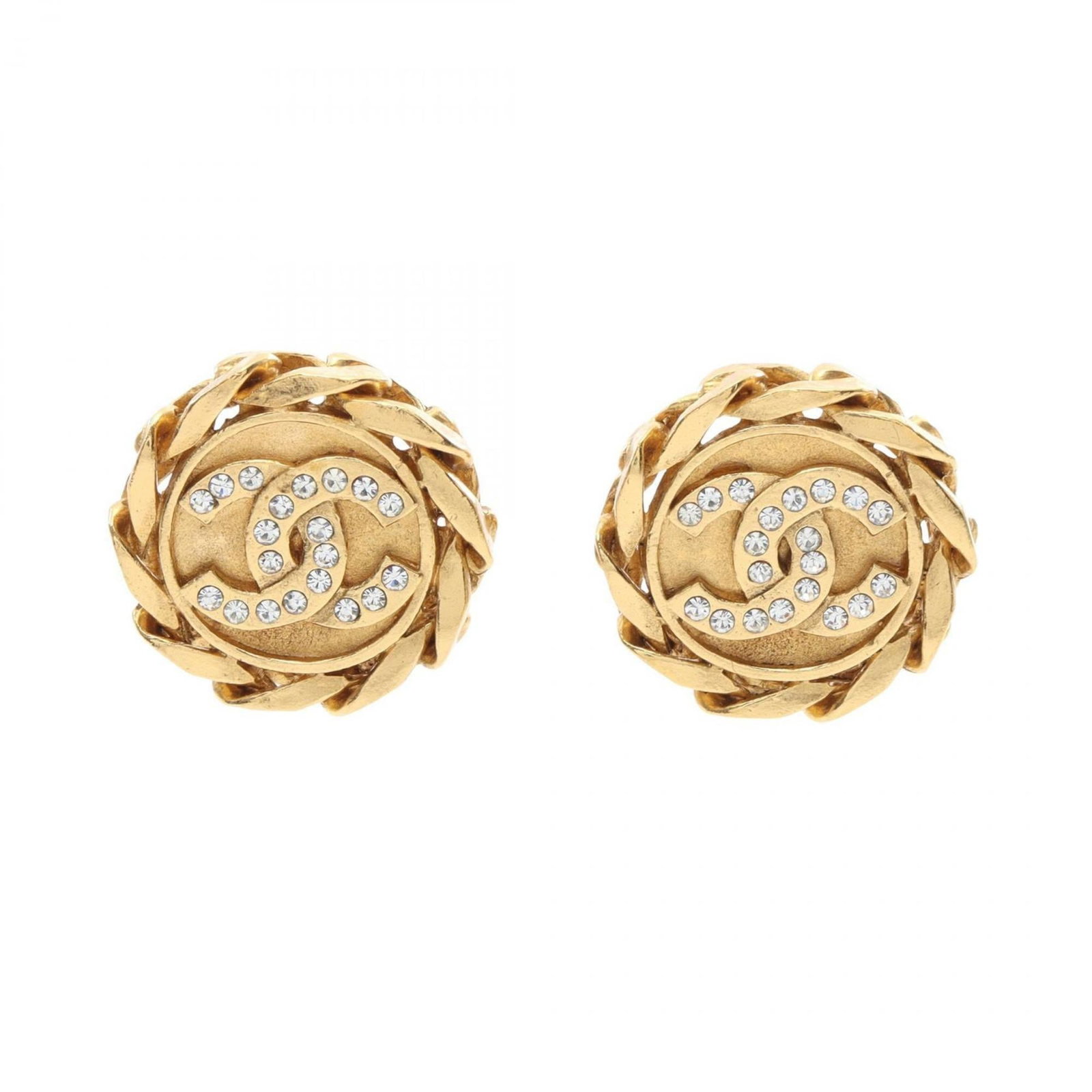Gold Plating Chanel Clip Earrings: Gold Plating Chanel Clip Earrings These Chanel clip earrings for women are made of gold plating and rhinestones, measure 28 x 28 mm, and are in acceptable condition with visible traces of usage. Item
