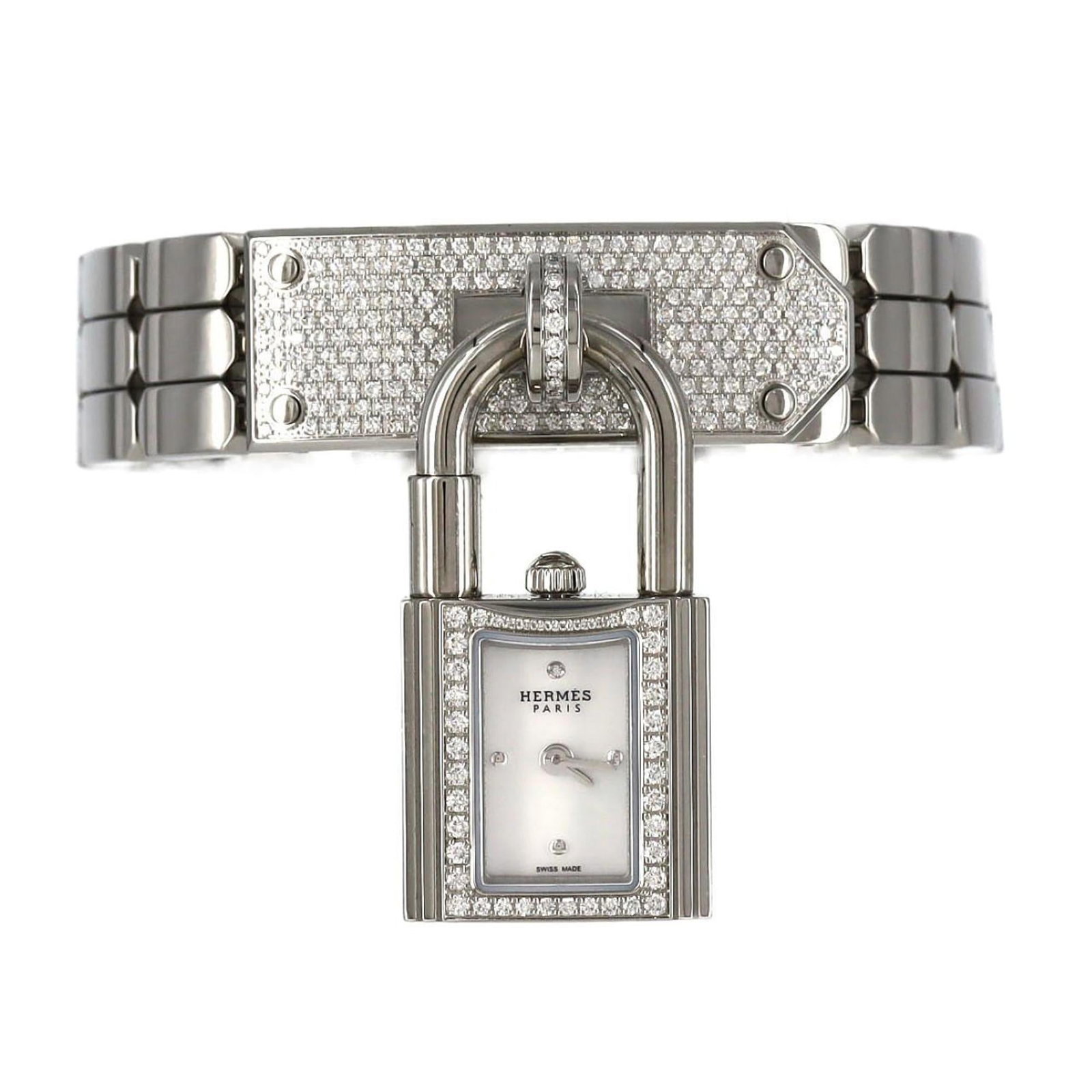 Wristwatch Hermes: Wristwatch Hermes This women's Hermes wristwatch features an analog display, a stainless steel case and band, a mother of pearl dial, and has a case diameter of 16mm, in very good used condition. Item