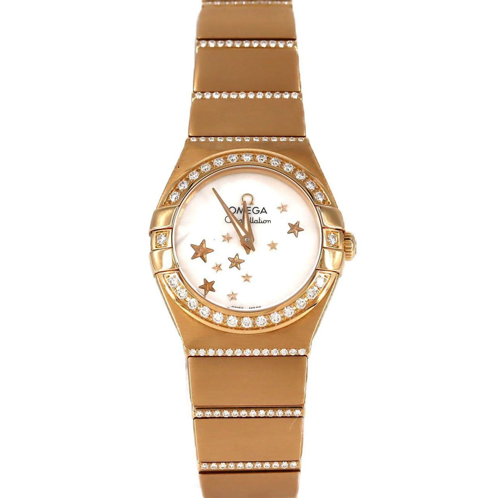 Wristwatch Omega: Wristwatch Omega Omega wristwatch for women made of pink and rose gold with a mother of pearl dial, featuring a 24mm case diameter and suitable for a wrist size of 17cm; used condition with visible tr