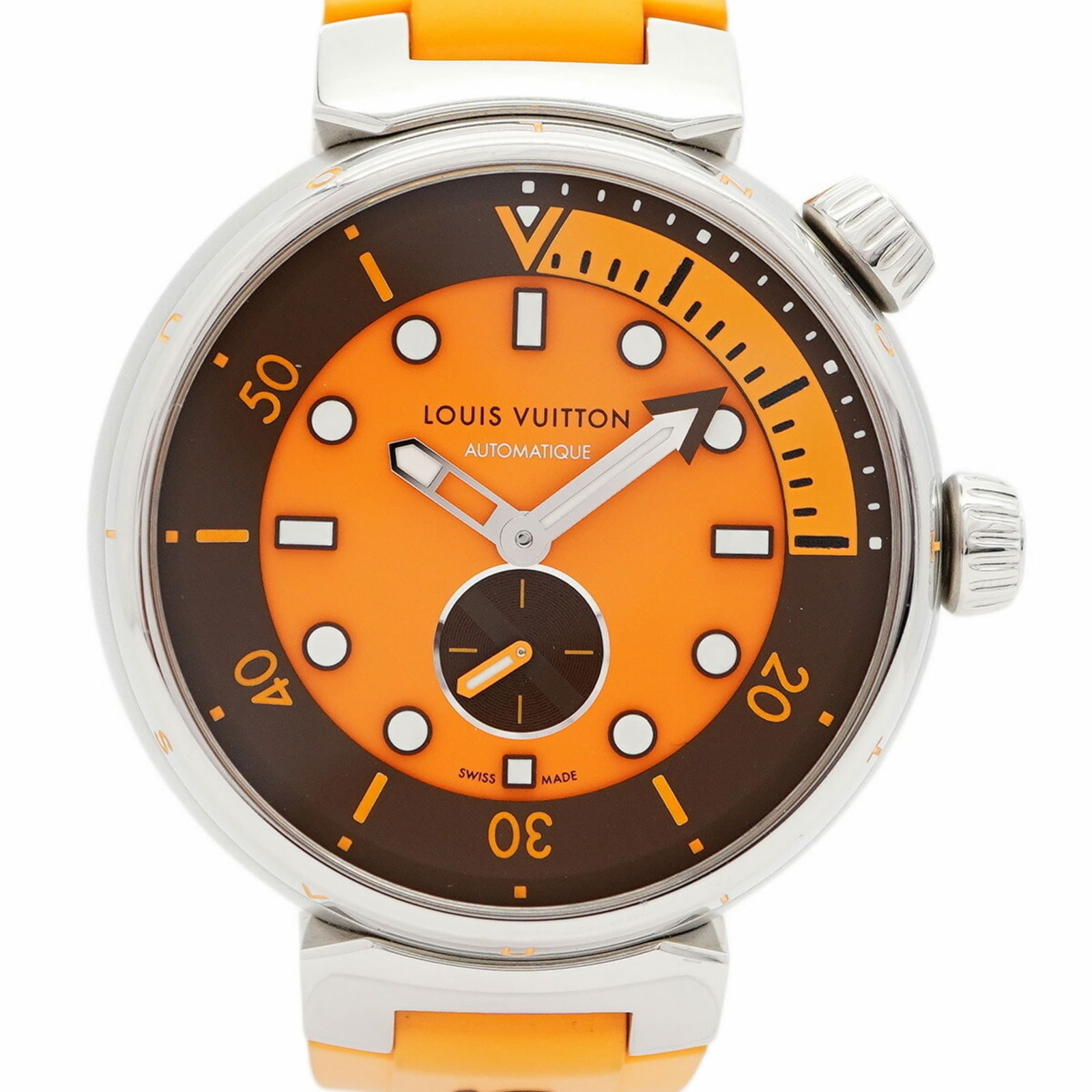 Wristwatch Louis Vuitton: Wristwatch Louis Vuitton Louis Vuitton Men's Wristwatch with a rubber band, orange dial, 43.5mm case diameter, and a wrist size of 19.5cm, in very good condition. Item Specifics: Brand: Louis Vuitton