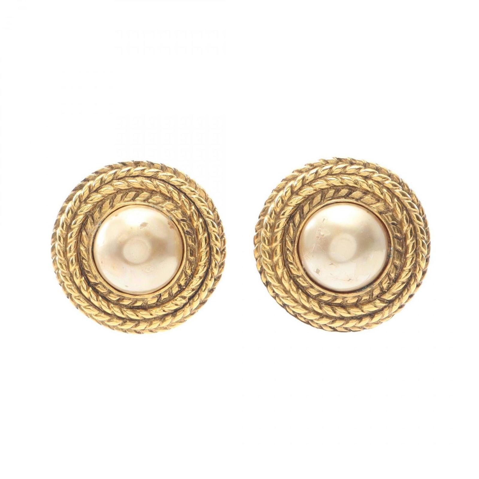 Chanel Clip Earrings Gold Plating, Artificial Pearl: Chanel Clip Earrings Gold Plating, Artificial Pearl Chanel clip earrings made of gold plating and artificial pearl, sized 35mm x 35mm, in good used condition with signs of wear. Item Specifics: