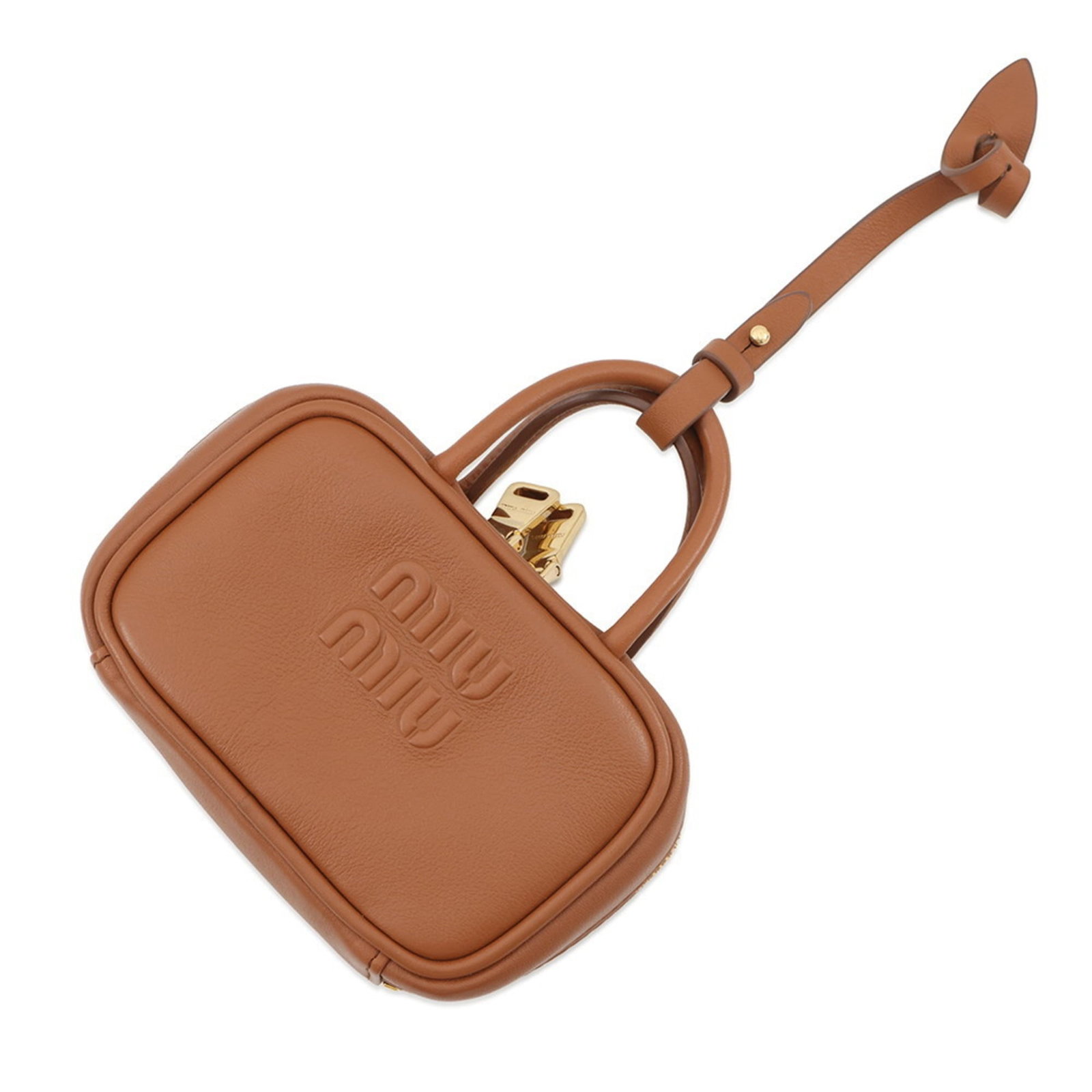 Leather Miu Handbag Charm: Leather Miu Handbag Charm Miu Miu handbag charm made of brown leather, sized 75mm x 120mm, in mint used condition. Item Specifics: Brand: Miu Miu Type: Handbag Charm Gender: Women Material: Leather