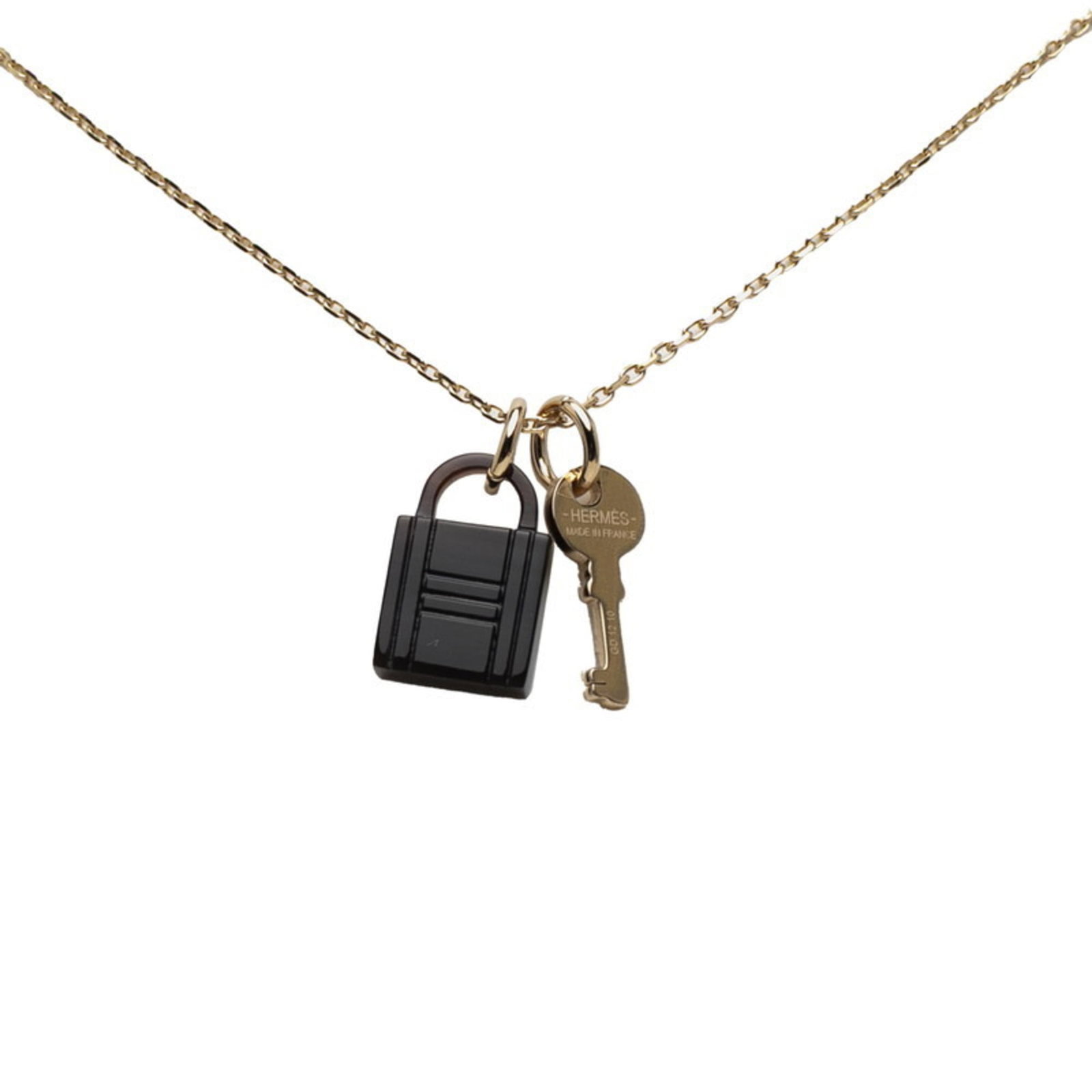 Hermes Amulet Padlock PM Pendant Necklace Gold Brown Plated Buffalo Horn Women (1 of 7)